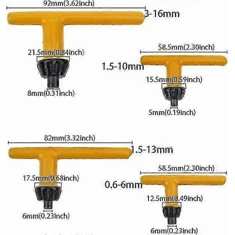 4 chiavi per mandrino in acciaio giallo da 6 mm, 10 mm, 13 mm, 16 mm, chiavi universali per mandrino, chiavi universali a T per serrare i mandrini del trapano (1/5)