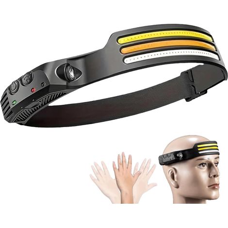 Lampe frontale ultra-légère avec détecteur de mouvement, trois bandes lumineuses LED frontales, faisceau large, rechargeable (1 pack)
