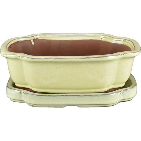 Vaso + sottovaso per bonsai ovale (forma mokko) in gres smaltato bianco 28x21x6,5 cm - GA8VS (1/5)