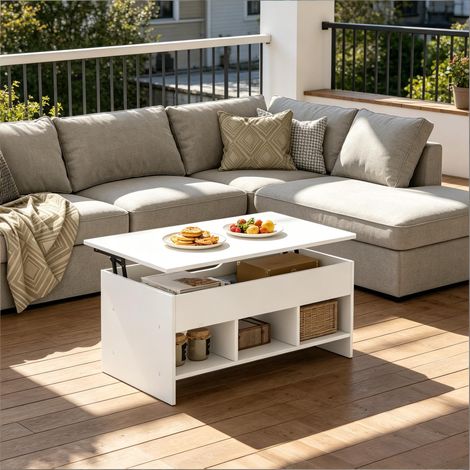 Table basse relevable et extensible - 96x51x45 cm - Table de salon fixe transformable en bureau et table a manger coffre - Blanc (1/5)