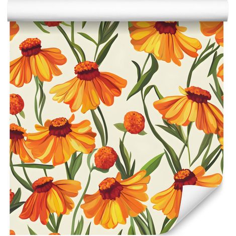 Papier peint à motifs d'échinacées orange, crème et or, pour salon et chambre, 50 x 1000 cm (1/4)