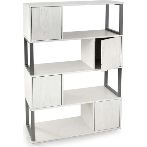 Regal aus Holz und Metall, 90 x 30 x 126 cm, weißer Holzlook, 4 offene Fächer, 2 geschlossene Fächer