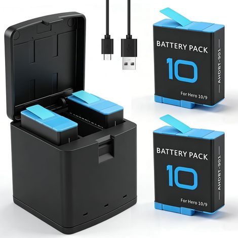 2000mAh Batterie Hero 10/9 de Rechange pour Hero 9 Black, Hero 10 Black et Chargeur de Stockage Fermé à 3 Canaux (Entièrement Compatible avec Les Accessoires 9/10)
