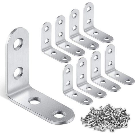 16 escuadras de esquina - 40 mm x 40 mm, ángulo recto de 90 grados, acero inoxidable, escuadras de fijación en forma de L con 64 tornillos, junta de acero para escuadras (plateado) (1/5)