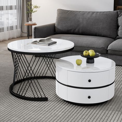 Lot de 2 table basse gigogne ronde 60x60x46 cm et 50x50x31 cm, 2 tiroirs, blanc (1/5)