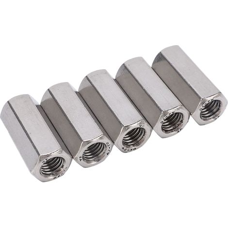 Écrous raccord hexagonaux inox M12 x5, résistants à la corrosion, connecteur argenté pour vis et boulons. (1/5)