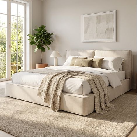 DESVIAE Lit double avec rangement hydraulique et tête de lit rembourrée chenille beige 180 x 200 cm avec sommier à lattes (1/5)
