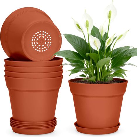 6 Pièces 15CM Pots Plastique Plantes Petite, Cache Pot Interieur Exterieur, Pot de Fleur Décoratifs Modernes, avec Plateaux et Trou de Drainage, pour Semis, Succulentes, Herbes -Terre Cuite (1/5)