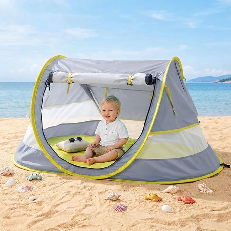 Tente de plage pour bébés, grande tente de plage pliable, tente de voyage portable pour bébés avec moustiquaire, tente de jeu d'intérieur pour bébés, tente solaire anti-UV UPF 50+ pour bébés (1/5)