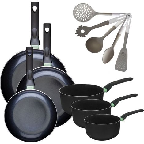 Lot de 3 Poêles 24/28/30 cm et 3 Casseroles 16/18/20 cm Fackelmann Brandao avec 5 ustensiles de cuisine Vario (1/5)