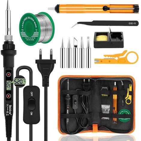 Kit fer à souder 80W température réglable 180-520°C pour électronique de précision : interrupteur ON/OFF, 5 conseils de soudage, pompe à dessouder, fil de soudure, station de soudage, pincettes (1/5)