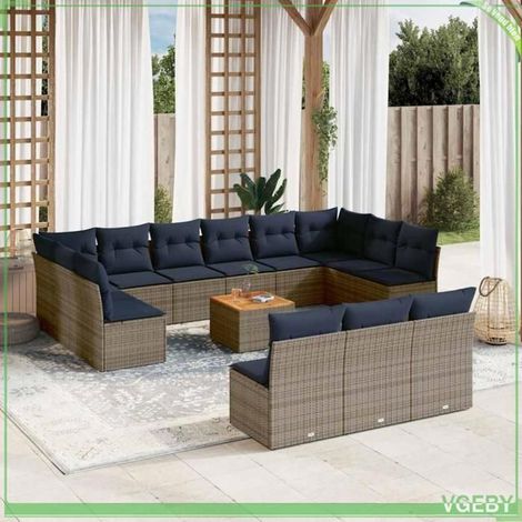Salon de jardin - 3256236 - Résine tressée gris - Coussins déhoussables bleu marine - Table acacia (1/5)
