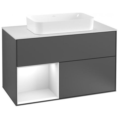 Finion, Meubles sous lavabo, 1000 x 603 x 501 mm, Angulaire,avec meuble étagère (éclairé), modèle suspendu, En bois, lavabo au milieu, éclairage LED, 1x LED / 2,3W, 2x LED / 4,2W, 2700 K à 6480 K, Whi