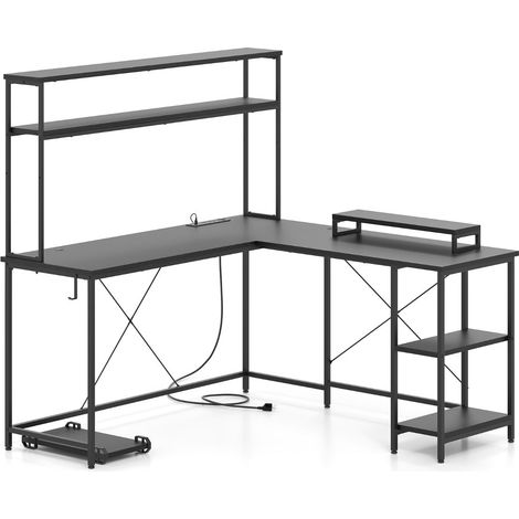 Bureau d'ordinateur en forme de L 145 x 145 x 147 cm avec bande LED et prises USB espace de travail moderne en MDF noir