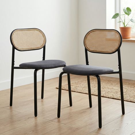 Sedie da pranzo set di 2, altezza 80.5cm, seduta morbida imbottita e schienale in rattan, metallo, stile nordico vintage, Nero