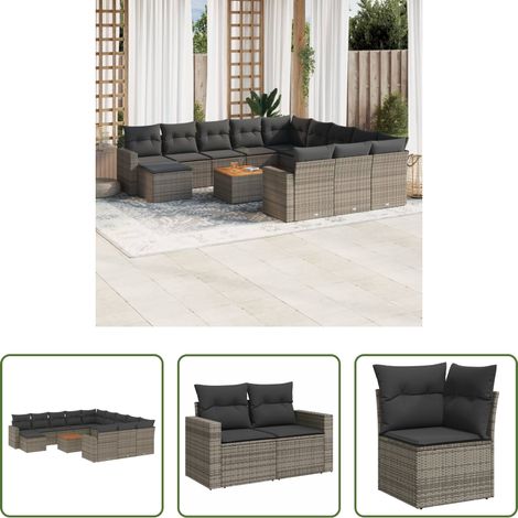 vidaXL Canapé avec accoudoirs - Salon de jardin avec coussins 13 pcs gris résine tressée (1/5)