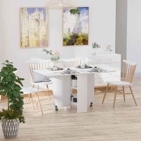 Klappbarer Küchen-/Esstisch, abnehmbar, auf Rollen, 75 x 140 x 74 cm (L x B x H), 2 integrierte Holzablagen, weiß