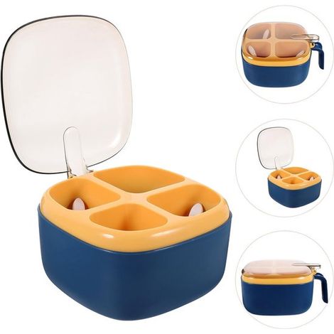 Scatola per spezie con 4 scomparti, contenitore per spezie in plastica riutilizzabile con coperchio, organizer per spezie blu a più scomparti per la cucina (1/4)