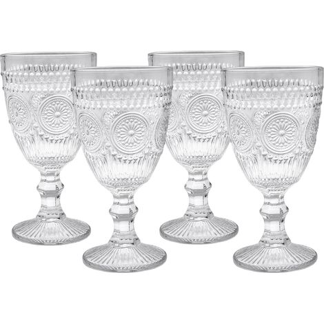 Retro Weinglas 300 ml transparent - 4er Set - Vintage Trinkglas mit Relief Muster - Weinkelch Wasserglas Kristallweinglas Glas mit Fuß