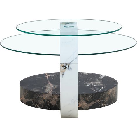 Mesa de centro moderna de doble nivel, vidrio templado y MDF, efecto mármol blanco y negro, HOMVRA (1/5)