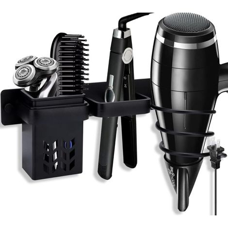 Porte Sèche Cheveux, Support de Lisseur avec Range-Câbles, Support Seche Cheveux Sans Percage, Supports de Lisseur en Aluminium pour hôtel de Chambre à Coucher de Salle de Bain (Noir) (1/5)