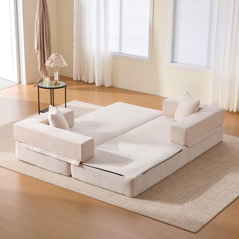 Canapé modulable 198x79x60 cm beige avec poches latérales, tissu chenille et mousse, MEUBLIV (1/5)