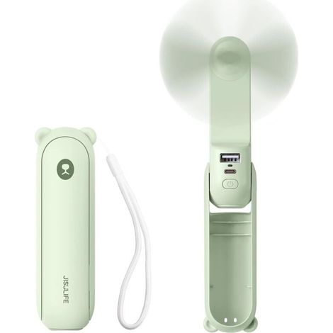 Mini portatif ventilateur à main 3 en 1, rechargeable, ventilateur à piles avec batterie externe-vert clair (1/5)