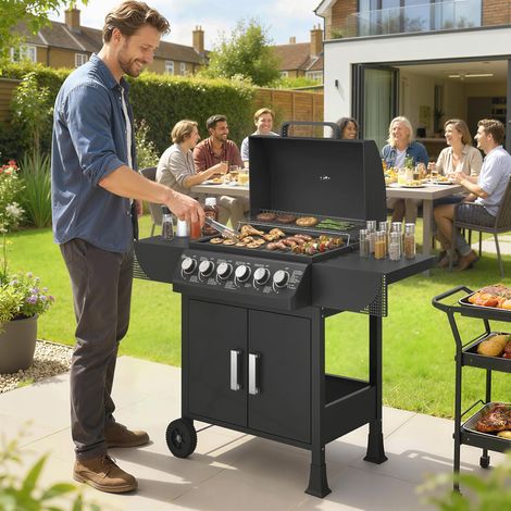 Barbacoa de Gas con 6 Quemadores 15 kW Termómetro Parrilla Mesas Laterales Armario y Ruedas 135x51x101 cm Negro (1/5)