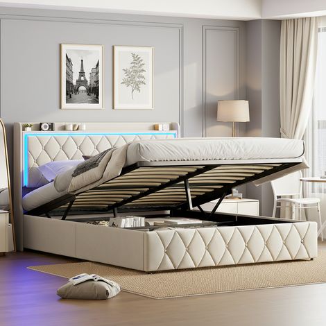 Lit coffre 140x200 cm - Sommier à lattes - Lit double hydraulique - Tête de lit capitonnée - Lampe de chevet LED - chargement USB Type-C - Beige (1/5)