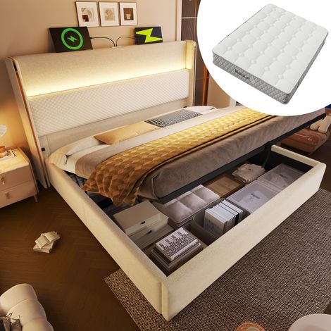 Lit hydraulique 140 x 200cm beige lin, tête haute, LED, rangement, USB / Type‑C, lit double avec matelas