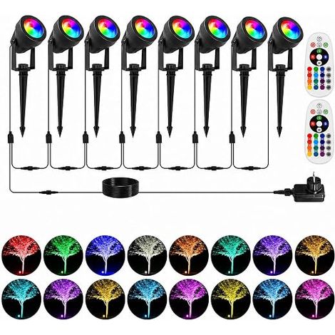 Spot LED Extérieur RGB avec Adapter, 16 Couleurs avec Télécommande, Éclairage Jardin IP65 Étanche pour Allée, Cour, Chemin, Décoration Noël/Halloween, 8 en 1 (1/5)
