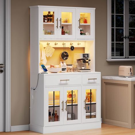 Buffet de cuisine 100x40x180cm style campagnard 6 portes 2 tiroirs, étagères réglables, bande LED & prise, poignées métal doré, blanc (1/5)