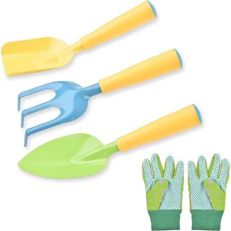 outillage de jardin pour enfants, truelle rateau et fourchette gants de jardinage, ensemble de 4 outils de jardinage (1/5)