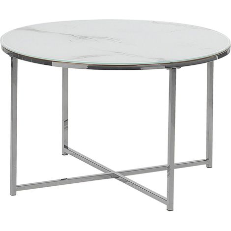 Mesa de centro efecto mármol de vidrio templado blanco plateado 70 cm Quincy
