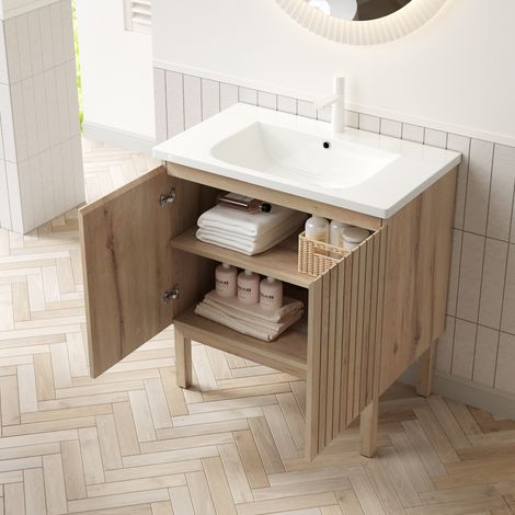 NIKO 80cm Freistehender Badezimmer-Waschtisch mit integriertem Unterbauwaschbecken aus weißer Keramik, gestreiftem Schrank mit Verstellbares Regal innen und Doppeltüren, weiße Eiche Holzmaserung Frabe (1/5)