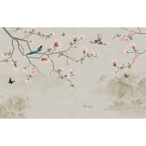 Papier peint panoramique - Fleurs Oiseaux - 130 cm x 81 cm (1/2)