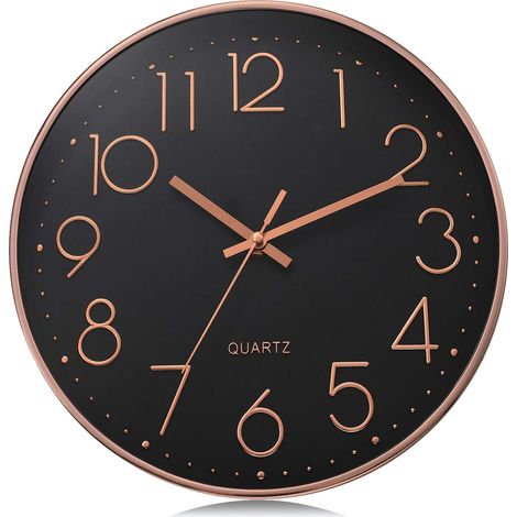 30 cm Black Modern Silent Wall Clock, 3D Numbers Rose Gold Wall Clock, Easy to Read Non-Ticking Decorative for Kitchen, Living Room, Bedroom, Office (1/5)