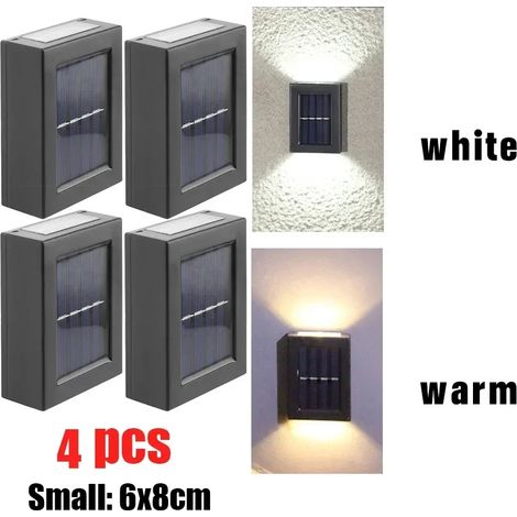 (Lumière blanche - Lot de 4) Spot lumineux solaire décoratif à éclairage indirect (haut et bas), lampe LED étanche pour éclairage extérieur, éclairage de rue et de mur, décoration de jardin et de cour (1/5)