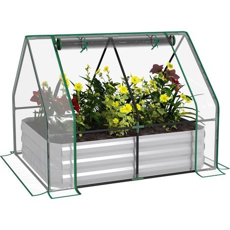 Raised Garden Bed with Greenhouse, Steel Planter Box with Plastic Cover, Roll Up Window, Dual Use for Flowers, Vegetables, Fruits and Herbs, 127L x 95W x 92H cm, Clear