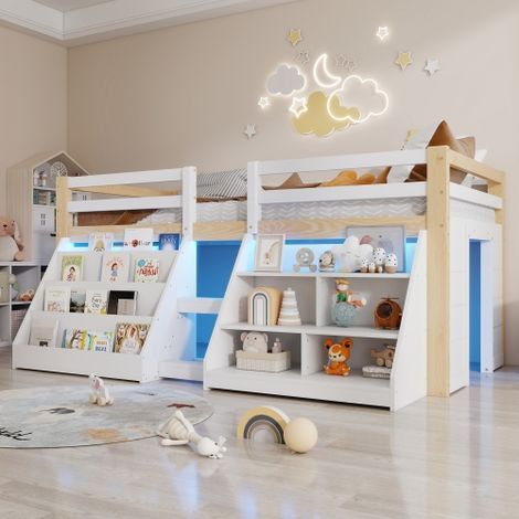 Modernluxe - Lit superposé mi-haut 90x200cm - avec étagères de rangement - avec LED - barrières de sécurité et échelle - blanc (sans matelas) (1/5)