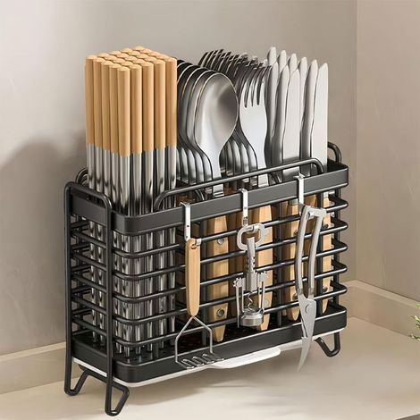 Porte-couverts avec bac d'égouttage, panier égouttoir pour le comptoir de cuisine, boîte de rangement pour fourchette, Étiquette (1/4)