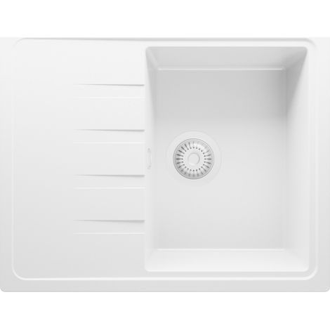 PRIMAGRAN Evier Cuisine en Granit 62x50cm, Lavabo 1 bac + Kit de Vidage, Évier à Encastrer au meuble 40cm - Milan, Tout Blanc