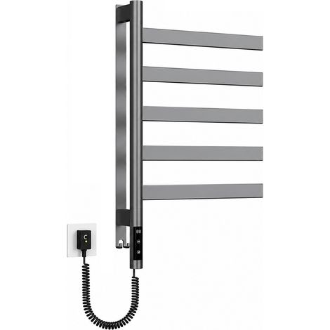Sèche-Serviettes Électrique - 5 Barres Pivotantes 180°, Chauffage Rapide Fibre de Carbone (Sans Fluide), Écran Tactile LED, Acier Inox Noir Mat IPX4,gris