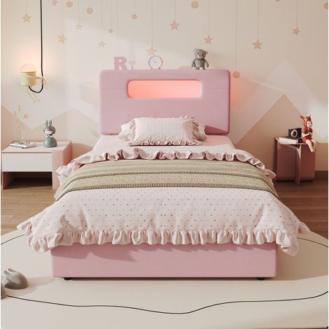 MEUBLIV Kinderbett 90x200 cm aus rosa Samt, 4 Schubladen, platzsparend, ohne Matratze (1/5)