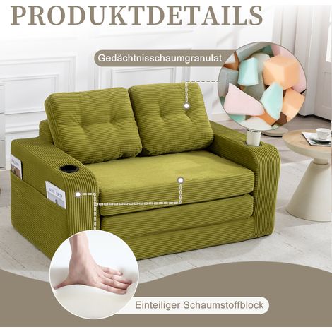 Canapé biplace velours côtelé olive avec porte-gobelets et poches. Pouf double convertible matelassé,sans cadre pour intérieur. (1/5)