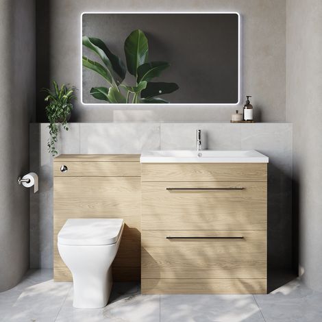 Napoli 460 Cento Light Oak 1400mm 2 Drawer Vanity Unit Toilet Suite with Glide Basin - 1400mm - Chrome 480mm HandleWith Kingston Toilet Pan and Seat
