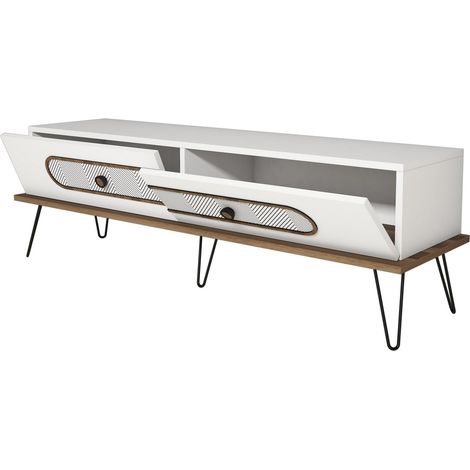 Meuble TV 2 portes bois blanc et pieds acier noir Koban 145cm (1/5)