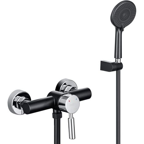 ONECE Duscharmatur Einhebelmischer, Duschset Mischbatterie für Dusche, Duscharmaturenset mit Duschkopf, Brauseschlauch und Haltertung, Temperaturregelung, Schwarz