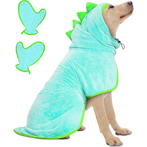 Peignoir de Bain pour Chien Absorbant à Séchage Rapide Cape de Bain Dinosaure Réglable en Microfibre Douce avec Gants de Toilette pour Animaux de Compagnie (1/4)