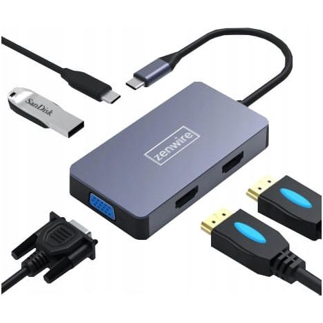 HUB 5 en 1 USB-C 2x HDMI 4K/VGA/USB/PD Zenwire HV501 (1/5)